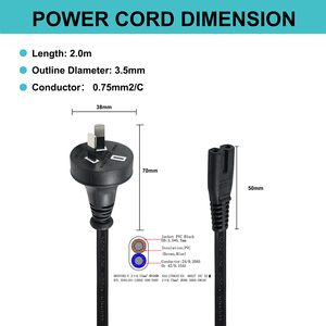 สายไฟ AC สีดำแบบ 2 ขา ขนาด 2x0.75 ตร.มม. จากออสเตรเลีย พร้อมหัวต่อ IEC C7 รูปทรงเลข 8 สำหรับอะแดปเตอร์ ทีวี และอุปกรณ์เสียง - Product Image 3