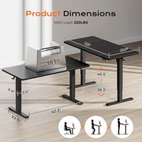 Bureau debout électrique - Hauteur réglable, 2 crochets, 3 hauteurs prédéfinies, surface en bois d'ingénierie, noir avec cordon