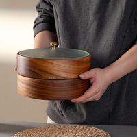 Assiette à collation à quatre compartiments en bois de noyer avec couvercle en verre Assiette de fruits secs empilable pour cuisine fête à la maison ou Camping