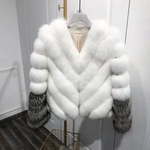 OEM / ODM Top Qualität Winter Neueste Lady Echtes Leder Natürlicher weißer Fuchs Pelz ärmel Pelz Oberbekleidung Silberfuchs Pelz jacke