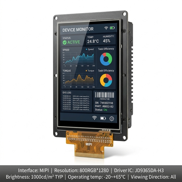 7 Inch 800x1280 TFT LCD Module MIPI JD9365DA-H3 1000cd/m High Brightness Embedded Operating Temp -20~+65 for Handheld