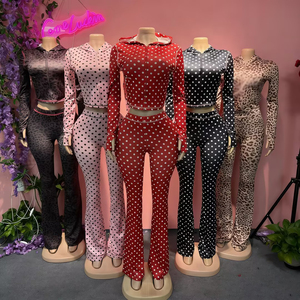 Bộ đồ nữ Xuân Y2K mới in họa tiết chấm bi, chữ cái, báo đốm, áo khoác có mũ, tay dài, quần loe 2 món - Product Image 6