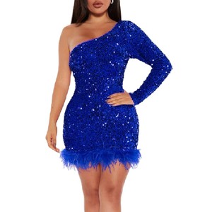 One-Shoulder Sequined <b>Feather</b> Dress <b>Black</b> Asymmetric Evening Gown - Product Image 5