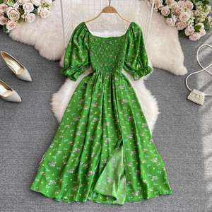 <b>Summer</b> New French Style Gentle Sweet Square Neck Puff <b>Short</b> Sleeve Waist-Cinching Slimming Slit A-Line <b>Dress</b> - Product Image 1