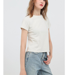 Camiseta con cuello desgastado y puños para mujer con logotipo personalizado, camiseta de manga corta lavada con cuello redondo para chica, camiseta ajustada para bebé - Product Image 3