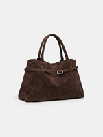 Sac fourre-tout vintage en daim pour femme, sac à bandoulière rétro avec poignée supérieure et détail ceinture, sac à main de luxe discret