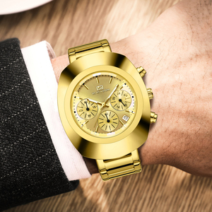Mens Gold Chronograph Wristwatch Steel <b>Case</b> Multi Function Analog Timepiece Sport Style - Product Image 6