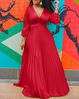 Robe longue Offre Spéciale été plissée à taille haute col en V Robes maxi à manches longues pour femmes de grande taille