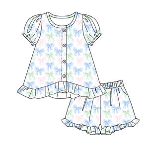 Conjuntos de Shorts Casuales Personalizados para Niñas con Estampado Floral y Lazos, Estilo Coquette, para Primavera y Otoño, con Volantes, Combinables para Hermanas, Venta al por Mayor, Algodón Peinado - Product Image 2