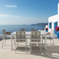 Ensemble de salle à manger d'extérieur moderne, mobilier de patio en aluminium, table de jardin et chaises empilables en corde tressée pour hôtel, complexe hôtelier, restaurant