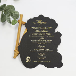 Cartes de menu de dîner en papier noir haut de gamme de luxe moderne DIY Feuille d'or double face pour la cérémonie des <span class=keywords><strong>30</strong></span> <span class=keywords><strong>ans</strong></span> mettant en vedette Ange de la musique - Product Image 6