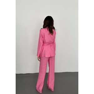 Conjunto de Chaqueta y Pantalones Rosa con Cinturón, Diseño Brillante Formal/Casual con Decoración de Botones, Venta al Por Mayor - Product Image 1