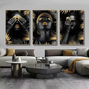 Affiche murale Art déco moderne : Portrait de <span class=keywords><strong>femme</strong></span> africaine maquillée en noir et or sur toile, décoration pour salon et maison - Product Image 5