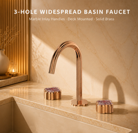 Robinet de lavabo de luxe en laiton massif à 3 trous, mitigeur eau chaude et froide à double poignée avec bec large, finition dorée pour hôtel