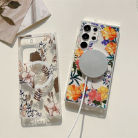 Funda Magnética Transparente con Diseño Floral IMD para Samsung Galaxy S24 S23 Ultra S22, Carcasa para iPhone 16 15 14 13 12 Pro Max
