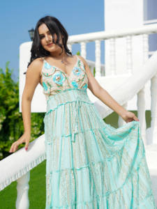 Robe maxi bohème brodée turquoise pour femmes, robe longue fluide à superpositions, élégante, ethnique, pour les vacances, légère - Product Image 3