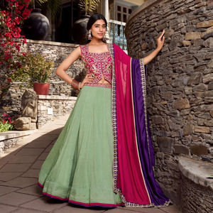 Plain With Sequins and <b>Thread</b> Embroidery Work Belt Lehenga Choli & Dupatta Set Handmade Bulk Product - Product Image 1