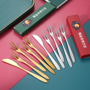 Ensemble de couteaux et fourchettes à gâteau de lune en acier inoxydable, coffret cadeau de luxe haut de gamme, pics à dessert à deux dents pour fruits et gâteaux - Product Image 1