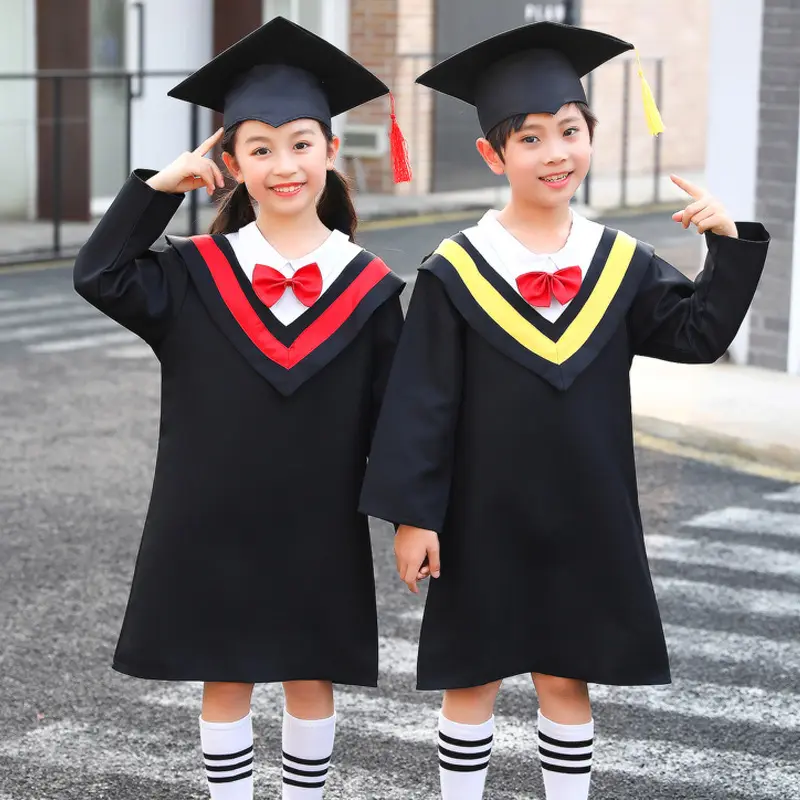 Topi dan Gaun untuk anak-anak, gaun kelulusan TK Prasekolah matte desain Logo sesuai pesanan