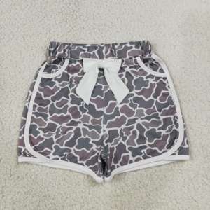 SS0688 Rts Conjunto de Shorts para Niña Pequeña, Estampado de Camuflaje Gris con Lazos, Verano, Venta al por Mayor, Tela de Lana Peinada, En Stock - Product Image 1
