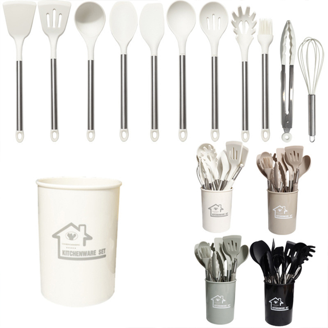 12pcs/set Cooking Kitchenware Tool Silicone Utensils With Stainless Steel Handle Multifunction Spatula Heat Resistant Gadgets