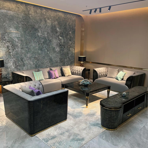 Set di Divani di Lusso in Pelle Grigia per Hotel, Ville e Case, Divano Sezionale 3-2-1 Posti in Impiallacciatura di Legno, Arredamento <span class=keywords><strong>Moderno</strong></span> per Soggiorno - Product Image 1