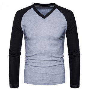 T-shirt à manches longues pour hommes col en V décontracté confortable T-shirt à manches longues épissage conception coupe ajustée tissu respirant personnalité - Product Image 1