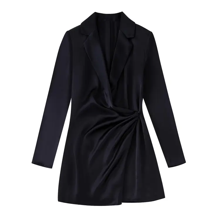 2022 Fall New Sexy Satin Elegant Black V Neck Long Sleeve Blazer Mini Dresses For Women