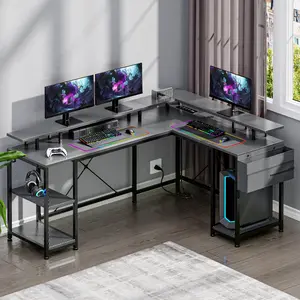 大型l形木制游戏桌可转换现代电脑桌显示器支架电源插座侧储物口袋家庭办公室