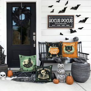 Housse de coussin vintage pour Halloween, 4 pièces, motif chat farceur, crâne, chauve-souris, fantôme, château, type polyester lin, décoration de canapé pour intérieur et extérieur - Product Image 2
