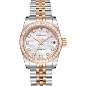 Montre Femme Automatique Mécanique Miyota 6T15 Étanche 50M avec Logo Personnalisé, Cadran en Nacre Naturelle, Lunette Sertie de Diamants - Product Image 6