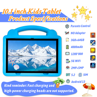 Nouvelle tablette éducative pour enfants Android 12 de 10,1 pouces avec emplacement pour carte SIM, 3 Go + 64 Go, processeur MTK Octa Core 2,2 GHz, batterie 4000 mAh, Wi-Fi, 1280x800