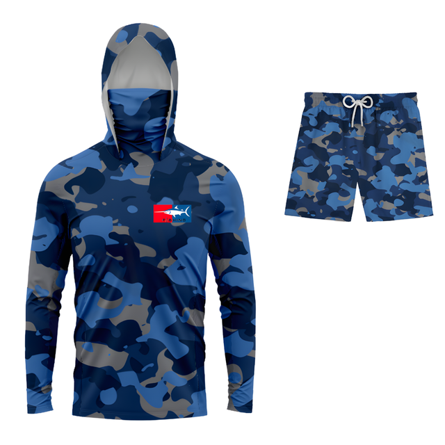 Custom Camo Fishing Hoodie and Shorts Set for Adults Sublimated Long Sleeve Outdoor Teamwear