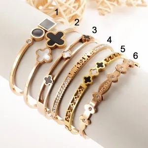 Wholesale Stainless Steel Open Bracelet Jewelry Lucky Gold 4 Leaf Clover Bangle Cuff Bracelet For Women And Girls
