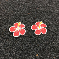 Boucles d'oreilles pour femmes en acier inoxydable plaqué or 18 ct style hawaïen avec gravure personnalisée en gros d'hibiscus
