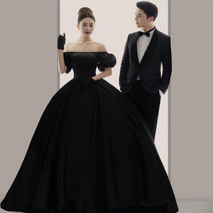 Off-Shoulder Satin Ball Gown Wedding Dress Black Natural Waist Vintage Style Hepburn Inspired Full Skirt Formal Evening Wear - Product Image 3
