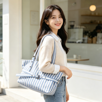 Tas Tote Kanvas Bergaris untuk Belanja, Perjalanan, Wanita, Fashion, Tas Selempang, Logo Custom, Multi Warna, Tas Kasual Sehari-hari