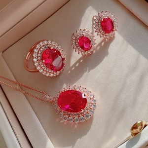 Fashion Eco-friendly Copper 18K Rose Gold Plated <b>Necklace</b> Earrings Rings <b>Set</b> Women's 8*10mm Pigeon Blood Red Zircon Jewelry <b>Sets</b> - Product Image 4