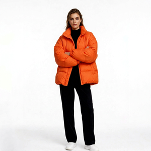 Orange <b>Waterproof</b> <b>Puffer</b> <b>Jacket</b> <b>Hooded</b> Collar Zipper Closure Thick Polyester Wadding 220g Winter Casual Loose Fit Unisex Solid - Product Image 1