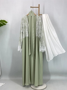 Abaya Hijab de Encaje Modal para Mujeres Musulmanas, Vestido Tradicional Modesto de Oriente Medio con Encaje Lujoso, Abertura Frontal, <span class=keywords><strong>Maxi</strong></span> Vestido Fluido con Pañuelo para la Cabeza - Product Image 3