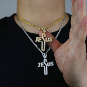 24 "chaîne de corde 18K plaqué or Hiphop <span class=keywords><strong>Rock</strong></span> <span class=keywords><strong>Punk</strong></span> hommes bijoux Micro pavé Cz Jésus lettre croix collier - Product Image 3