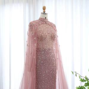 Gaun Malam Elegan Warna Peach Pink Model Duyung dengan Lengan Cape Berhias Manik-Manik untuk Pesta <span class=keywords><strong>Prom</strong></span> Formal Gaya Arab SZ202-1 - Product Image 3