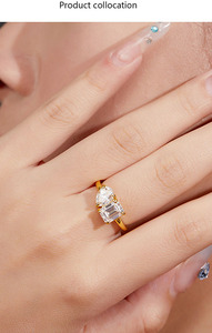 S925 Sterling Silver <b>Two</b> <b>Stone</b> <b>Ring</b> With Round And Emerald Cut Yellow Gold Moissanite Engagement Gift Silver Classic <b>Ring</b> - Product Image 6