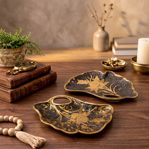 Assiettes décoratives en métal orientales faites à la main avec incrustations dorées, motif floral, forme irrégulière, pour cadeaux - Product Image 3