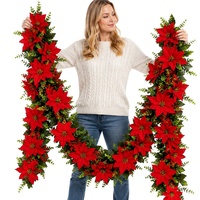 Guirlande de Noël artificielle en poinsettia et eucalyptus, illuminée, rouge et verte, 180 cm, décoration durable pour porte et escalier