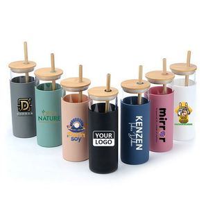 Gobelets en verre sans BPA avec manchons de protection en silicone, couvercles en bambou, pailles, écologiques, différentes capacités, gobelets personnalisés - Product Image 1