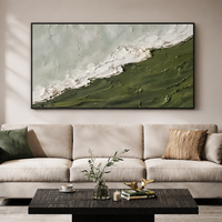 Peinture sur toile acrylique texturée artisanale minimaliste Wabi Sabi, vert olive et blanc, motif vague, paysage marin, cadre en aluminium