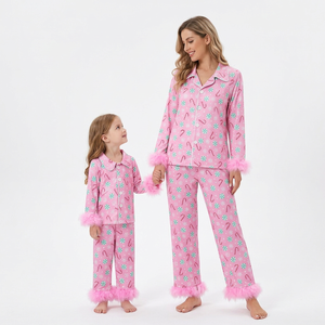 Christmas Pink <b>Santa</b> Print Matching Pajamas Sets Long Sleeve Button-Up Top Pants with Fur Trim for <b>Women</b> Kids Family <b>Outfits</b> - Product Image 4