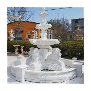 Grande fontaine d'eau décorative de jardin personnalisée en pierre naturelle à 4 niveaux en pierre de marbre statues de lion