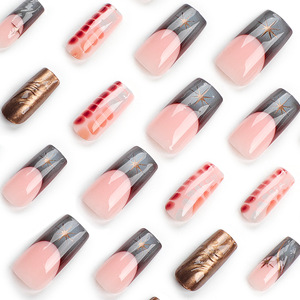 Uñas postizas cuadradas de ABS |   Uñas Postizas Color Nude y Marrón con Diseño 3D de Cocodrilo Bronceado y Detalles de Estrellas, Aplicación con <span class=keywords><strong>Dedo</strong></span>, 24 Piezas Reutilizables - Product Image 3